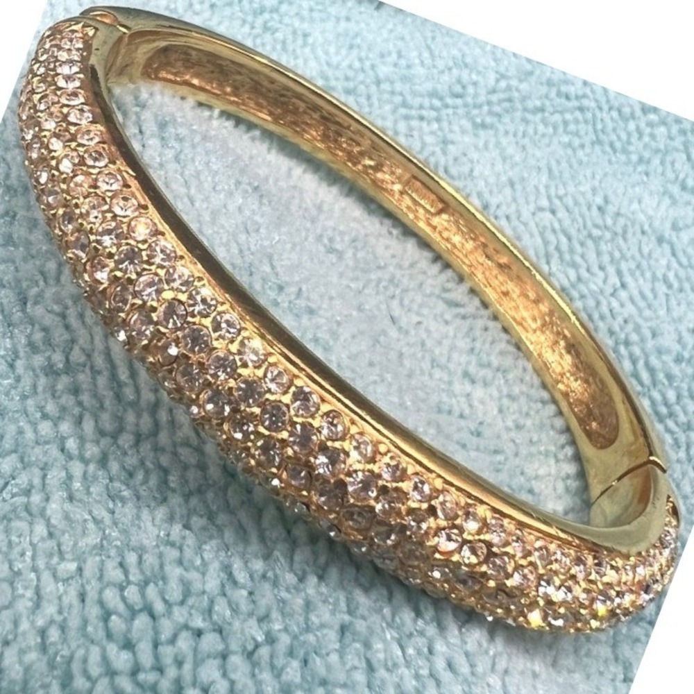 CZ Bangle Bracelet Hinged Half CZ Pave Gold Tone Roman Sz‎ 6.5